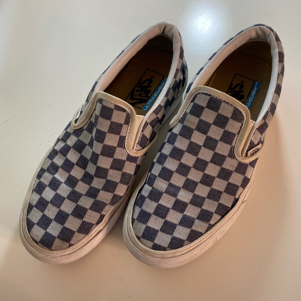 Vans- Light and dark wash denim checkered slip ons
